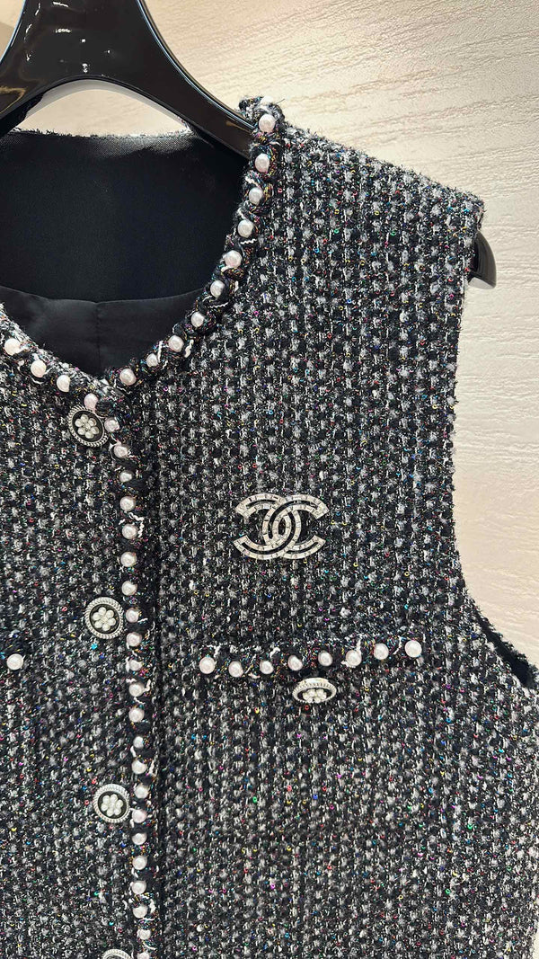 CC Vest Jacket Pearl Chain Trim Black Multicolor Tweed 415605
