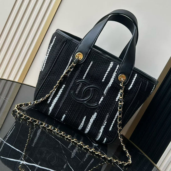 Chanel 2026 Double C Tote Bag 36cm Black White Canvas Leather