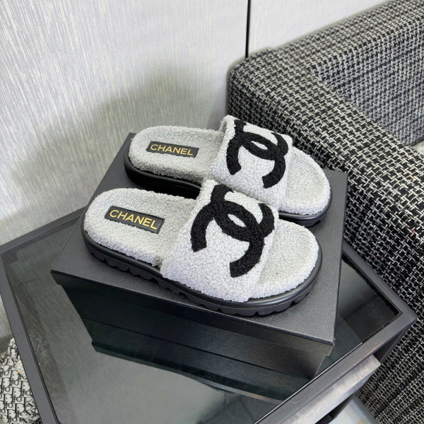 CC 26s Shearling Slide Flat Mules Grey Black Wool 128100