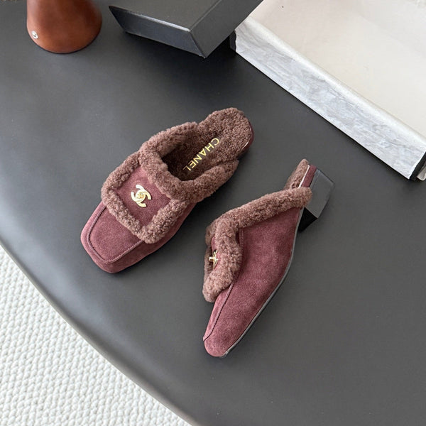 CC 26S Shearling Trim Mules Burgundy Gold Suede 127801