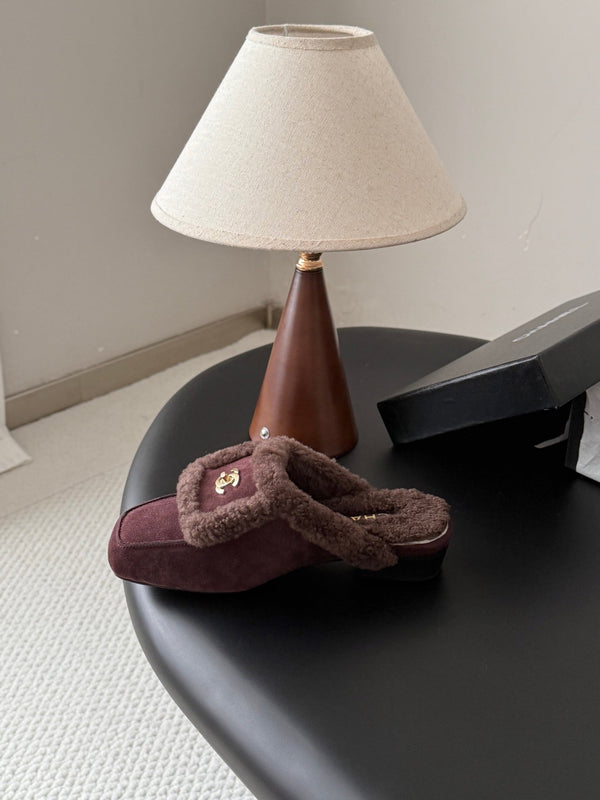 CC 26S Shearling Trim Mules Burgundy Gold Suede 127801