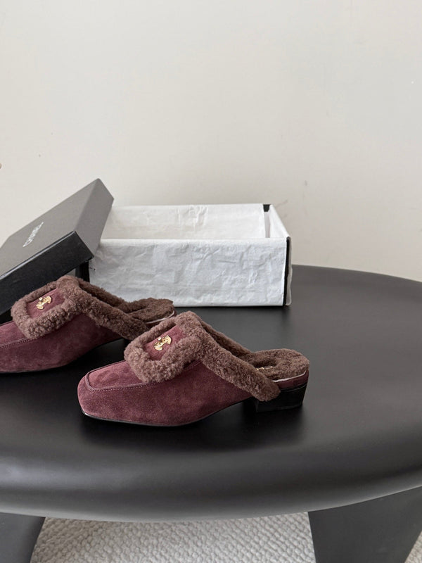 CC 26S Shearling Trim Mules Burgundy Gold Suede 127801