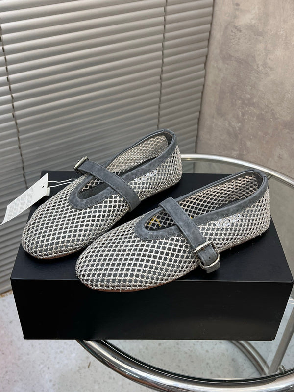 Alaia 26FW Strass Fishnet Ballet Flats Buckle Strap Suede 195860