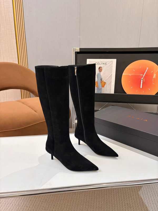 Alaia 26FW Pointed-Toe Knee-High Boots 5.5cm Black Suede 198148