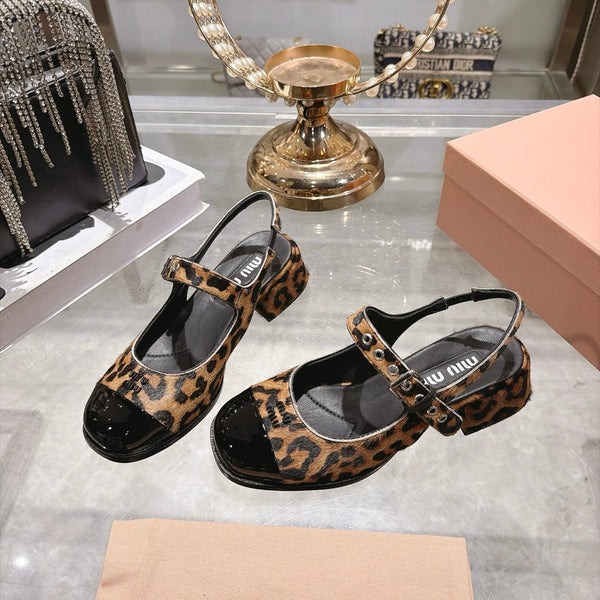 Miu 26FW Slingback Pumps 4.5cm Square Toe Strap Leopard Print Pony Hair 190486
