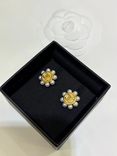 Chanel 2026 Double C Gold Bean Pearl Sunflower Earrings