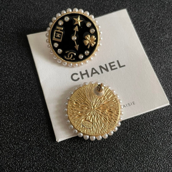 CC Vintage Double C Clock Black Gold Earrings