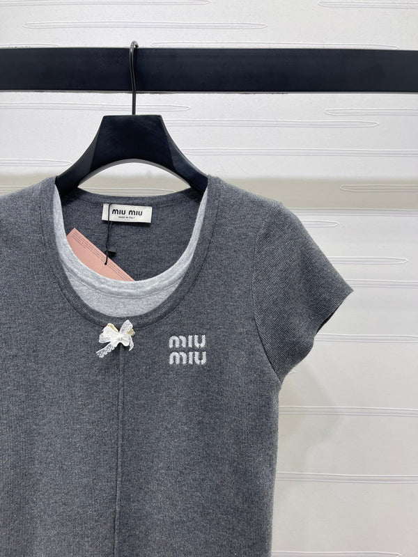 Miumiu 2026 Faux Two-piece Round Neck Knit Short-sleeved Top Wool 344359