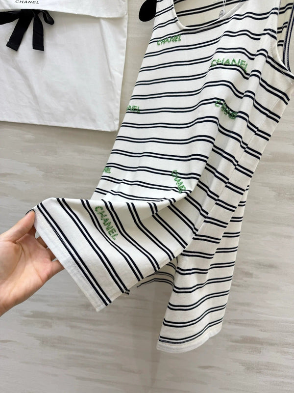 Chanel 2026 Striped Embroidered Vest White Black Cotton 213363