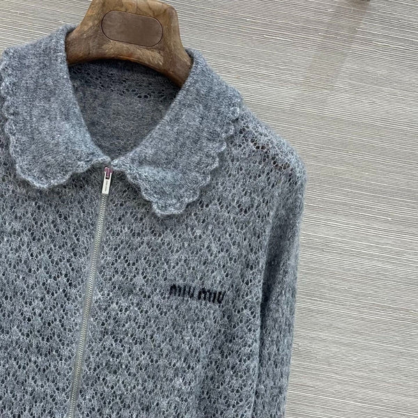 Miu 2026 Lace-trimmed Collared Knit Cardigan Grey Wool 837496