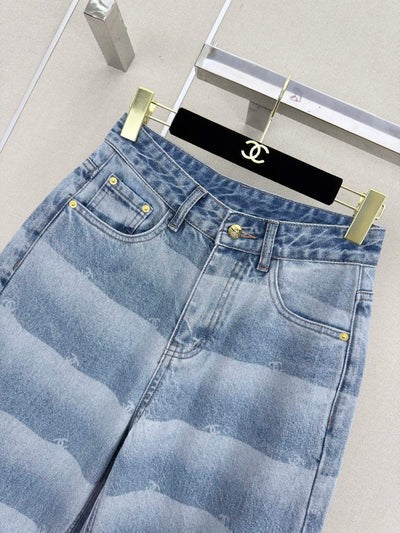 Chanel 2026 Double C Logo Striped Print Denim Wide-leg Pant Blue Cotton 311192