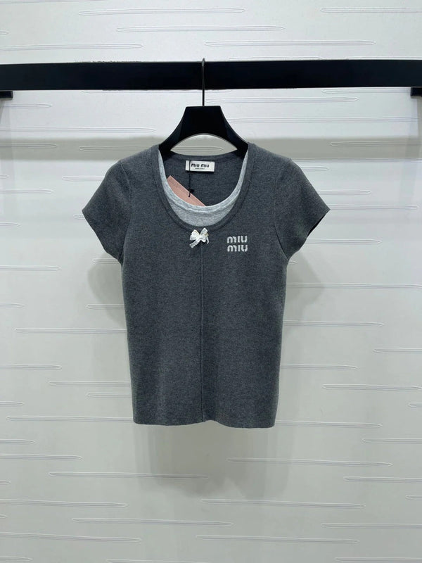 Miumiu 2026 Faux Two-piece Round Neck Knit Short-sleeved Top Wool 344359