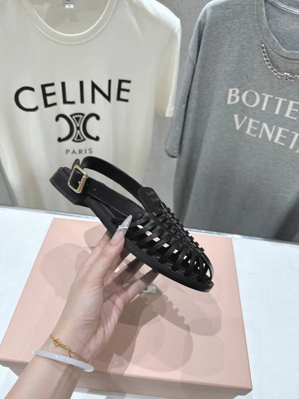 Miumiu 26ss Flat Sandals Black Woven Cowhide 713123