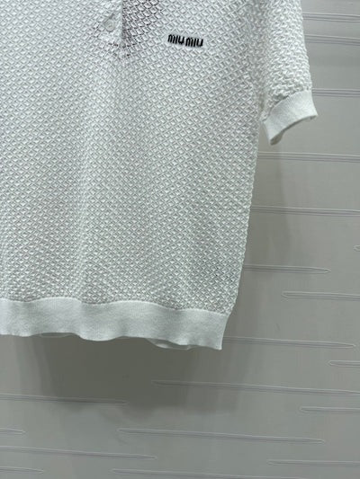 Miu 2026 Hollow-out Knitted Collared Short-sleeved T-shirt Wool Cashmere 374995