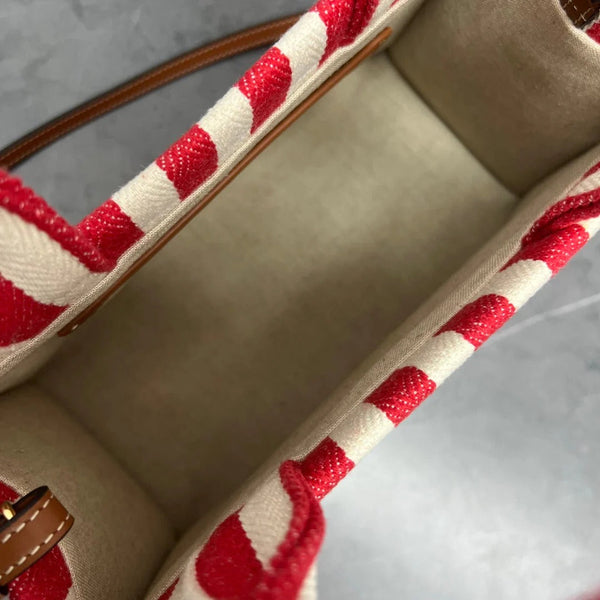 Celine 2026 Cabas Thais Striped Bag 29cm Red White Textile Calfskin 283595