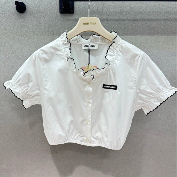 Miu 2026 Ruffled Trim Shirt White Black Cotton 375185