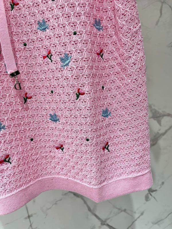 CD 2026 Embroidered Bow Knit Short-sleeved Top Pink Tencel 714725