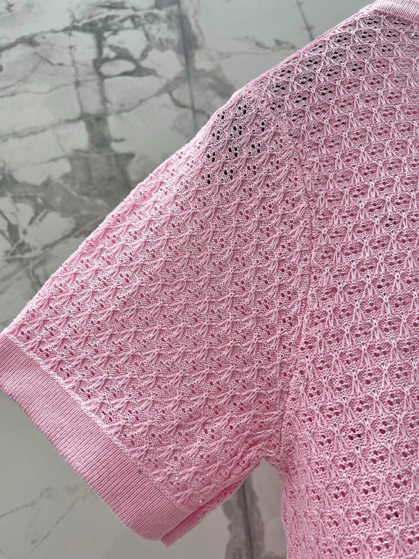 CD 2026 Embroidered Bow Knit Short-sleeved Top Pink Tencel 714725