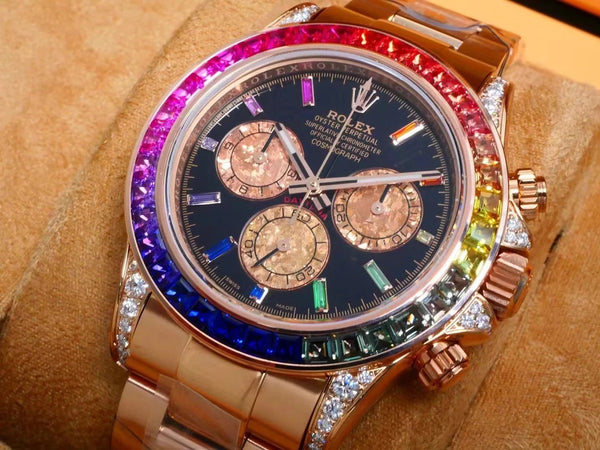 Rolex Daytona 40mm Rose Gold Rainbow Case Black Dial