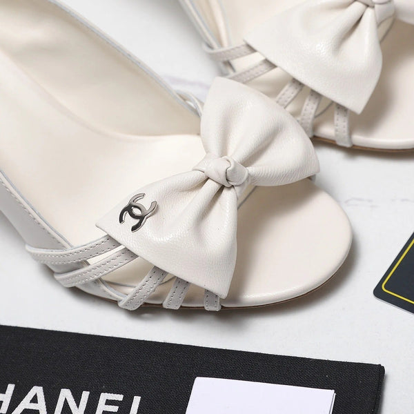 CC 2026 Bow Strappy High-Heeled Peep Toe Sandals White Cowhide 758431