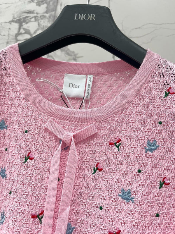 CD 2026 Embroidered Bow Knit Short-sleeved Top Pink Tencel 714725