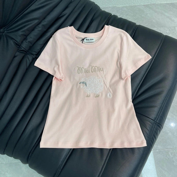 Miumiu 2026 Embroidered Sheep Short-Sleeve T-Shirt Cotton 343442