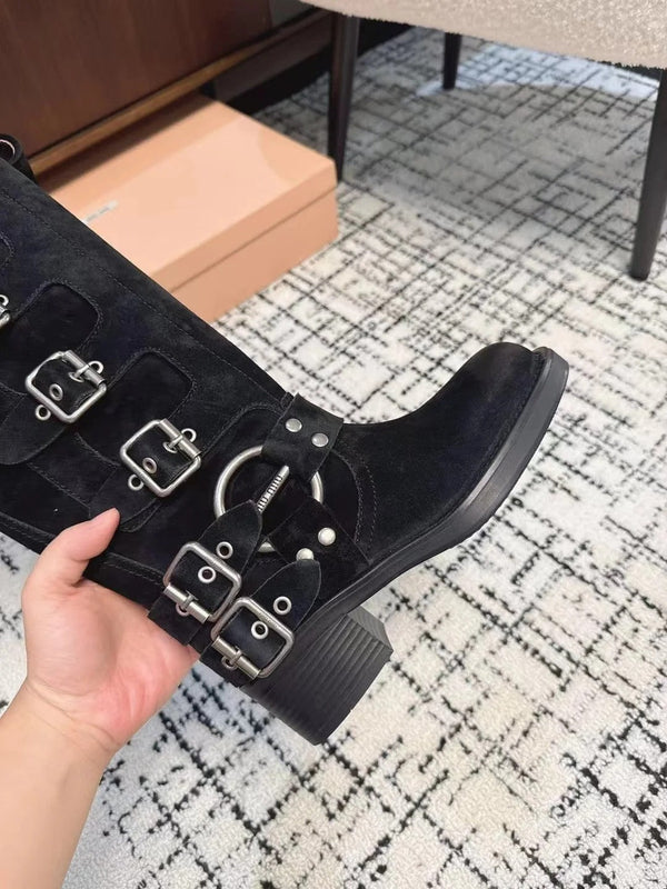 Miu 2026 Buckle-Detail Boots Suede Calfskin 952182