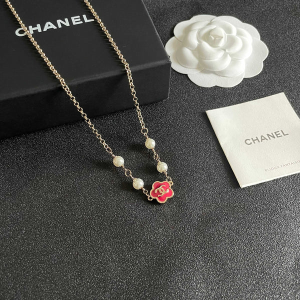 CC Flower Vintage Red Pearl Gold Necklaces