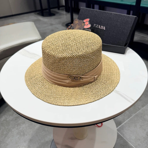 Prada Straw Woven Flat-top Hat 219138