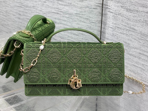 CD 2026 Microbead-Embroidered Bag 21cm Cotton Leather 355271