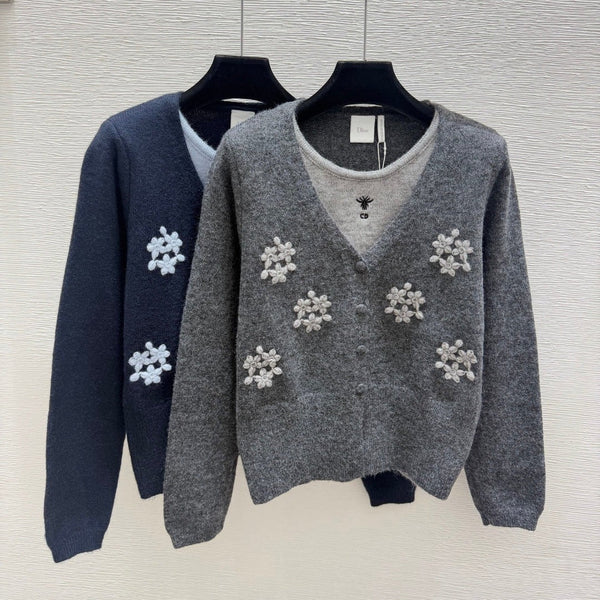 CD 2026 Floral Faux Two-Piece Round Neck Knitted Long-Sleeve Cardigan Wool