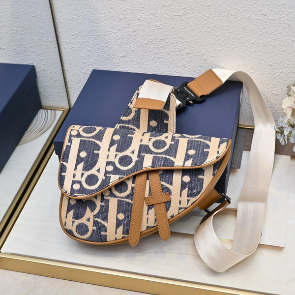 CD 2026 Saddle Oblique Bag 28.5cm Blue Brown Denim Calfskin