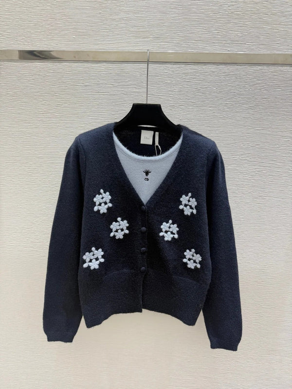 CD 2026 Floral Faux Two-Piece Round Neck Knitted Long-Sleeve Cardigan Wool
