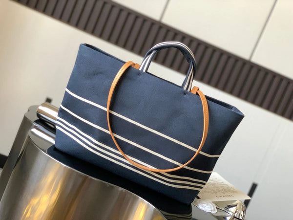 CC 2026 Border Tote Bag 30CM Blue Brown Denim Canvas Leather