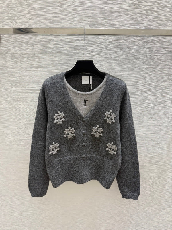CD 2026 Floral Faux Two-Piece Round Neck Knitted Long-Sleeve Cardigan Wool