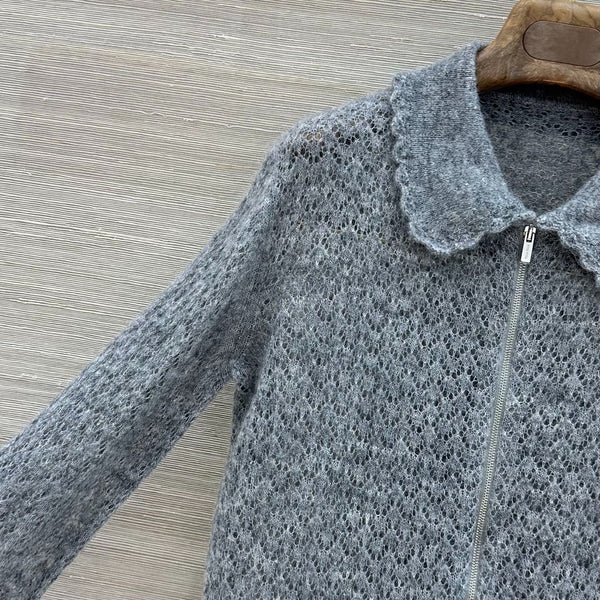 Miu 2026 Lace-trimmed Collared Knit Cardigan Grey Wool 837496