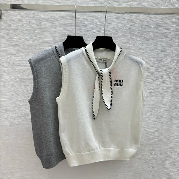 Miu 2026 Tie-Waist Crew Neck Knitted Vest Wool Cashmere 341448