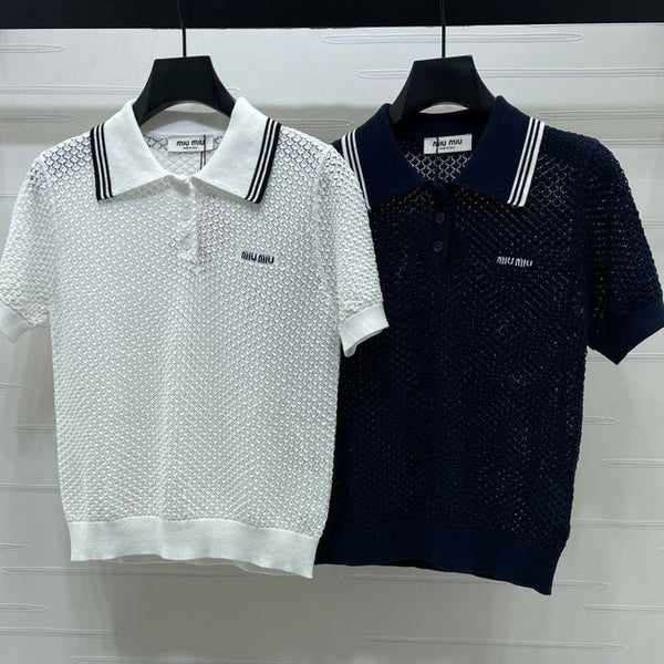 Miu 2026 Hollow-out Knitted Collared Short-sleeved T-shirt Wool Cashmere 374995