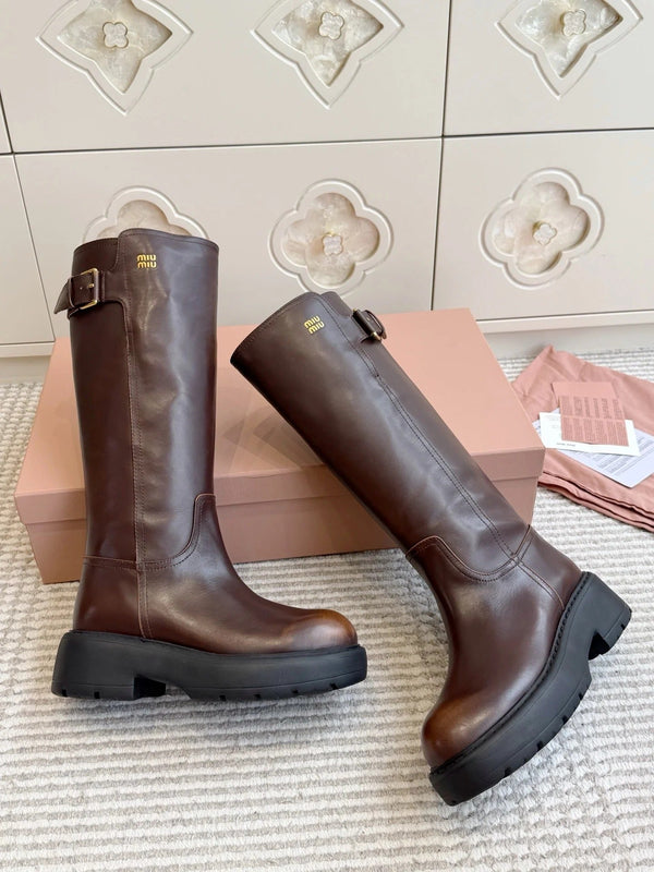 Miu 2026 Buckle-Detail Knee-High Boots Leather 955680