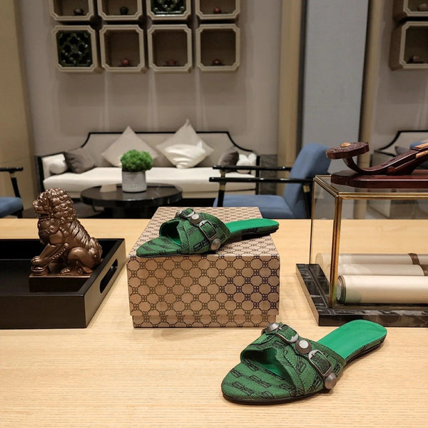 Balenciaga 26s Flat Slippers Dark Green Canvas Leather 681307