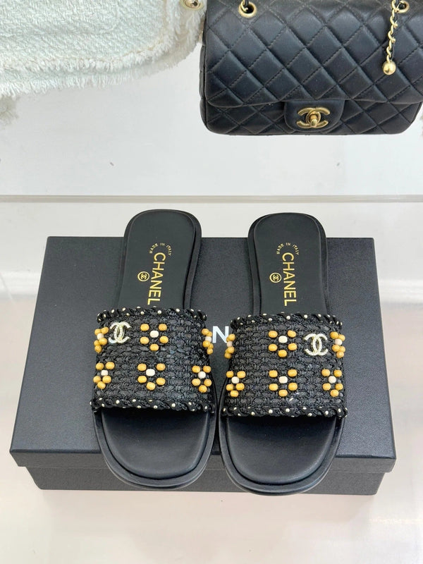 CC 2026 Flat Sandals Tweed Woven Sheepskin