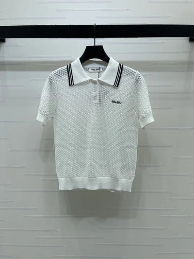 Miu 2026 Hollow-out Knitted Collared Short-sleeved T-shirt Wool Cashmere 374995