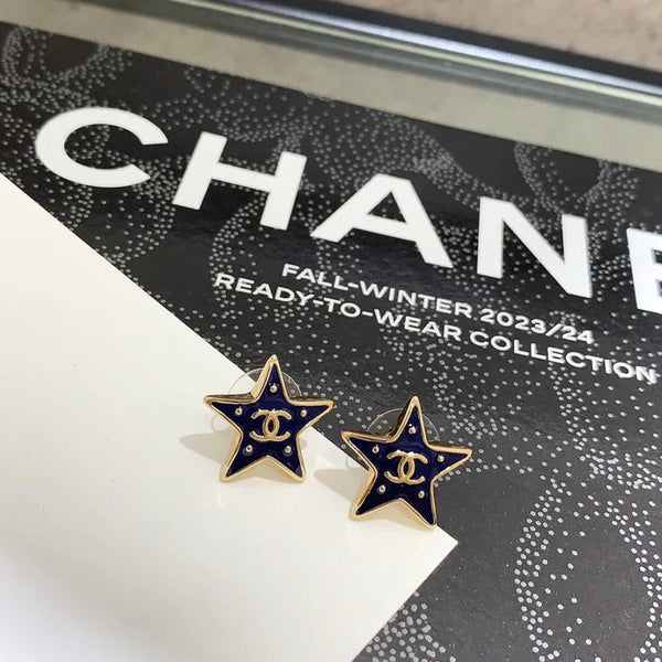 Chanel 2026 Gold Double C Blue Enamel Five-Pointed Star Earrings