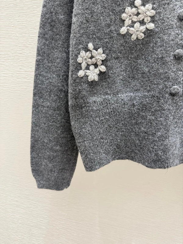 CD 2026 Floral Faux Two-Piece Round Neck Knitted Long-Sleeve Cardigan Wool