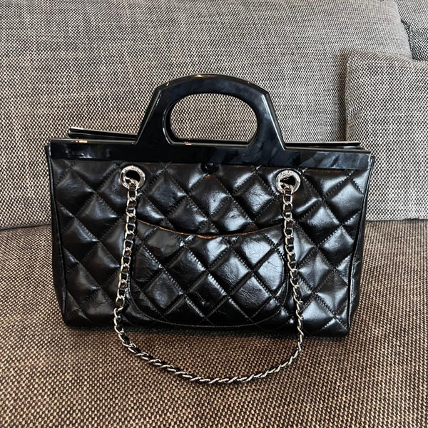 CC 2026 Delivery Tote Bag 30cm Black Glossy Calfskin