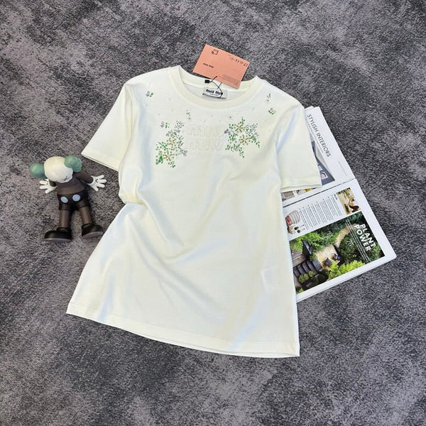 Miu 2026 Floral Embroidered Short-Sleeve T-Shirt Cotton 374766