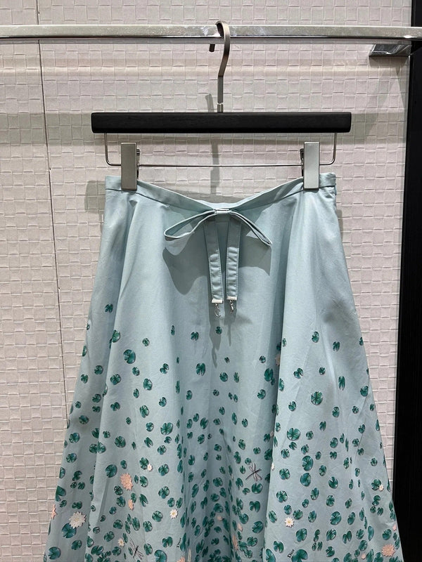 CD 2026 Bow Ruffled Lotus Flower Skirt Blue Cotton