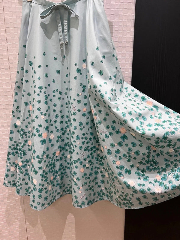 CD 2026 Bow Ruffled Lotus Flower Skirt Blue Cotton