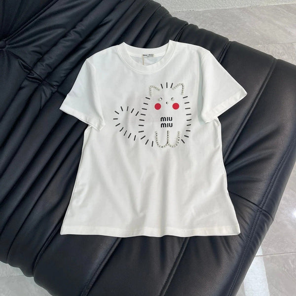 Miumiu 2026 Cat-themed Beaded Heavy-duty Short-Sleeve T-Shirt Cotton 343406