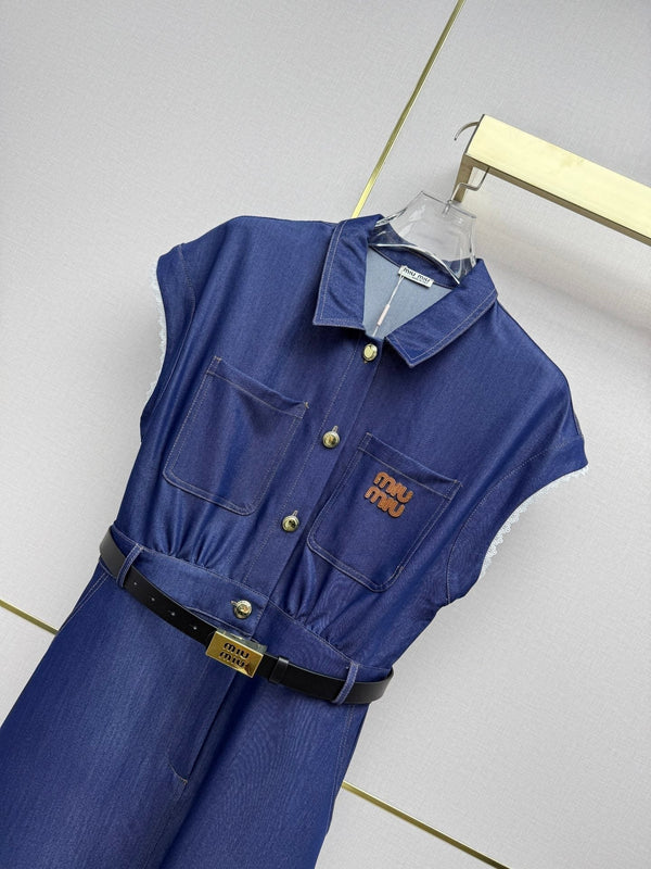 Miu 2026 Denim Short-Sleeve Collared Dress Cotton 225006